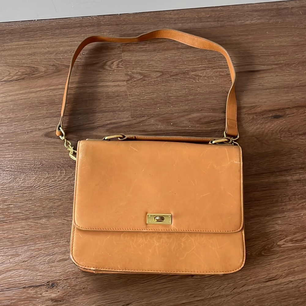 Camel brown leather purse with gold hardware. j-crew